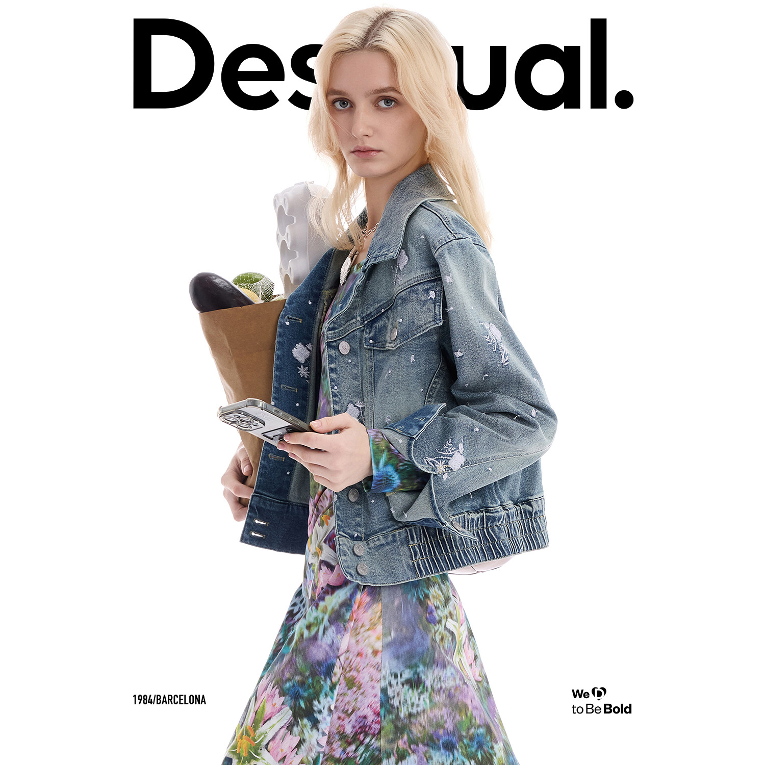 Desigual26【博主同款】春夏新品牛仔白色波点花卉刺绣女式外套