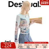 Desigual26春夏新品 T恤 女式 弹力修身 城市印花网纱长袖