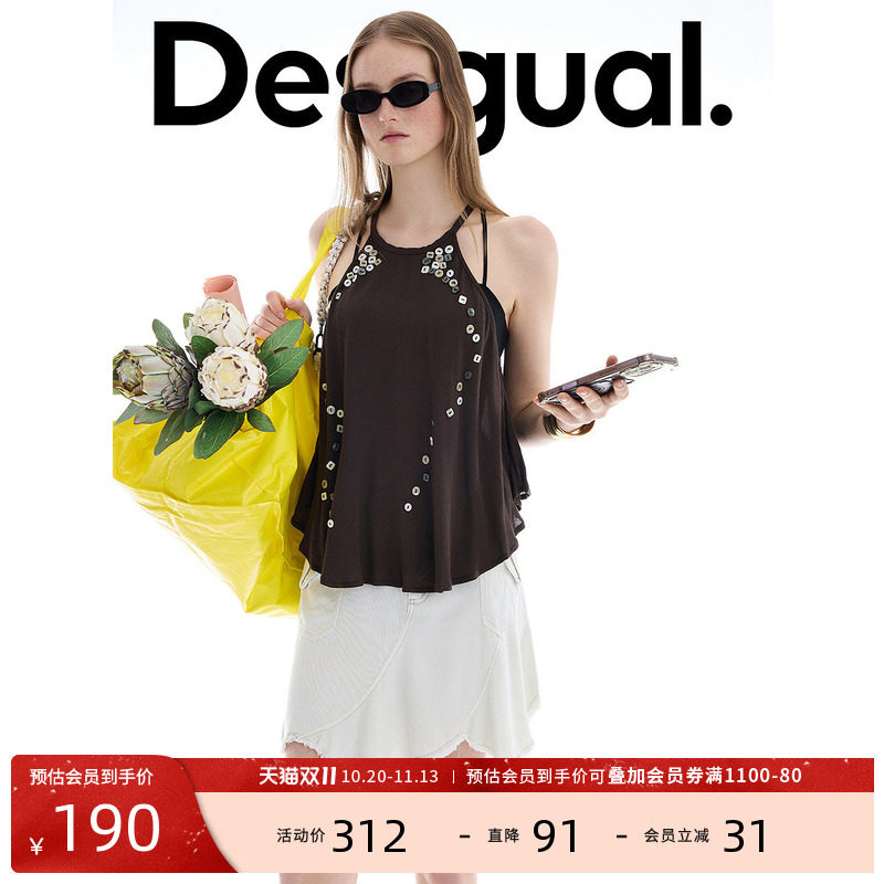 Desigual新品纽扣装饰挂脖无袖背心女式上衣