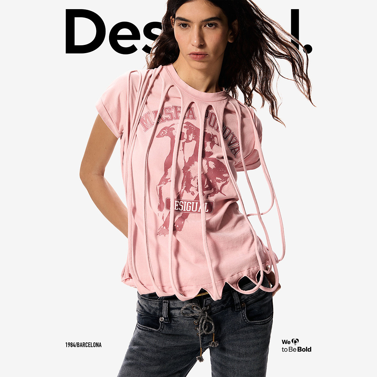 【Masha Popova联名】Desigual26春夏粉色印花毛条流苏女式T恤