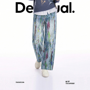 Desigual26春夏新品牛仔彩色油漆涂鸦设计宽松阔腿女式牛仔裤