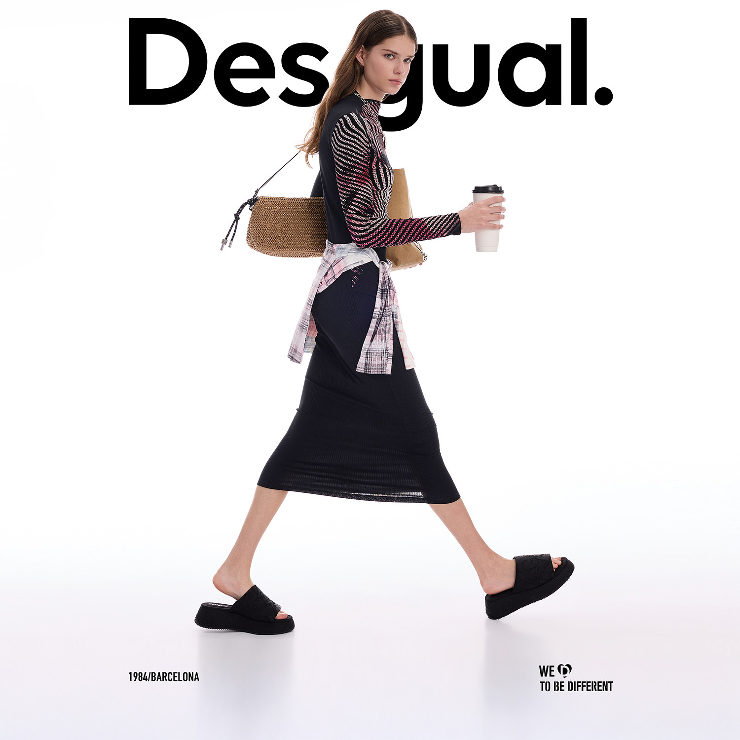 Desigual26春夏新品修身波浪纹印花半高领长袖女式连衣裙