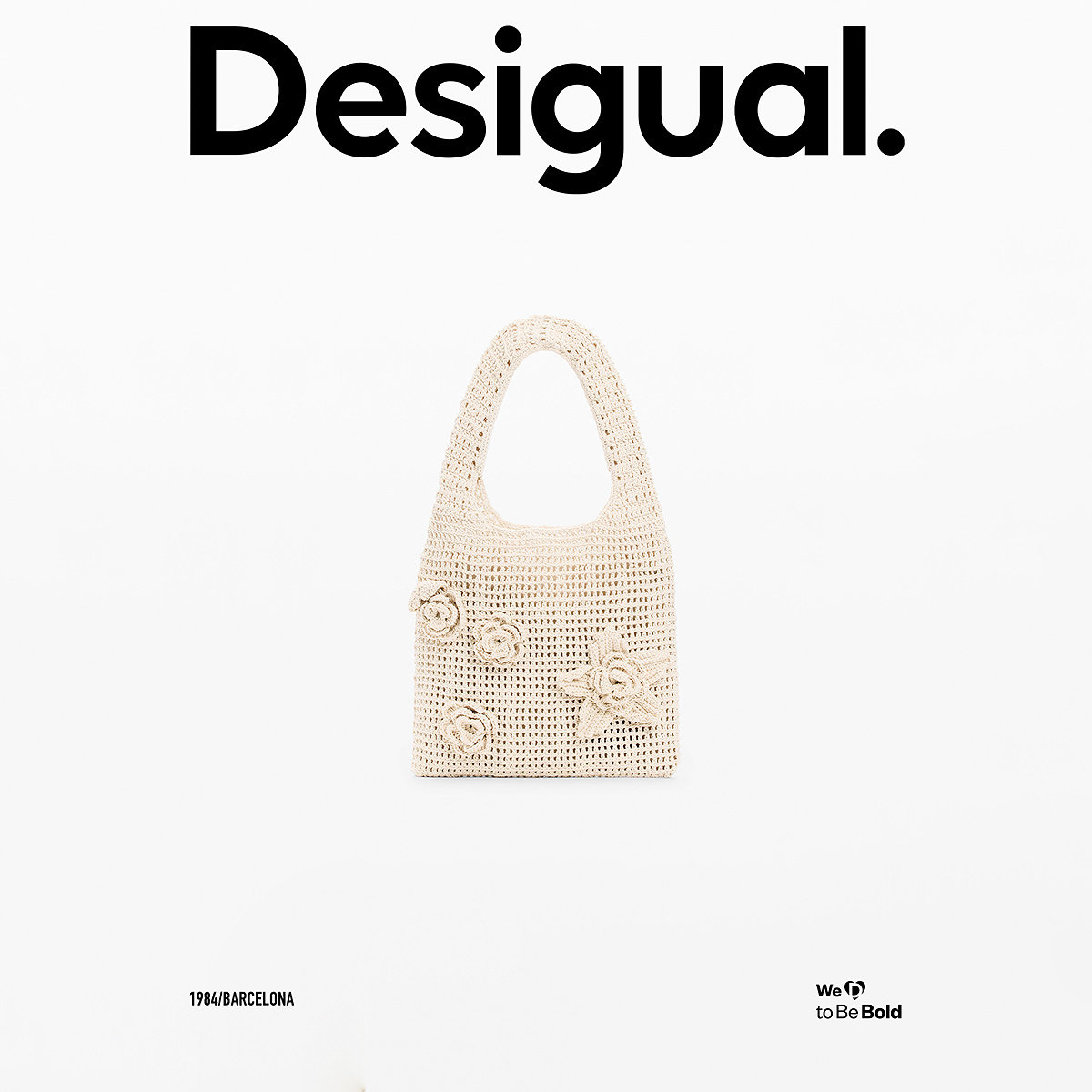 Desigual26春夏新品米色手工钩针花朵装饰单肩手提包