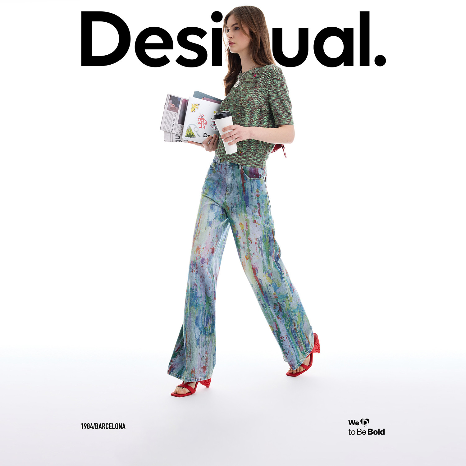 Desigual26春夏新品牛仔彩色油漆涂鸦设计宽松阔腿女式牛仔裤