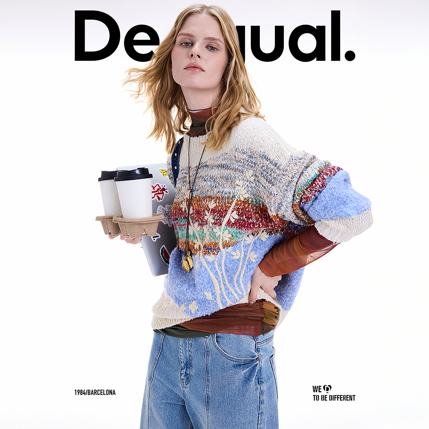 Desigual25秋冬新品彩纱刺绣装饰宽松落肩女式针织衫