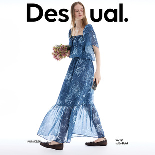 Desigual26春夏新品仿牛仔提花印花短袖可拆卸两穿抹胸女式连衣裙