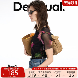 T恤 女式 Desigual高弹黑色花卉印花圆领休闲时尚 短袖