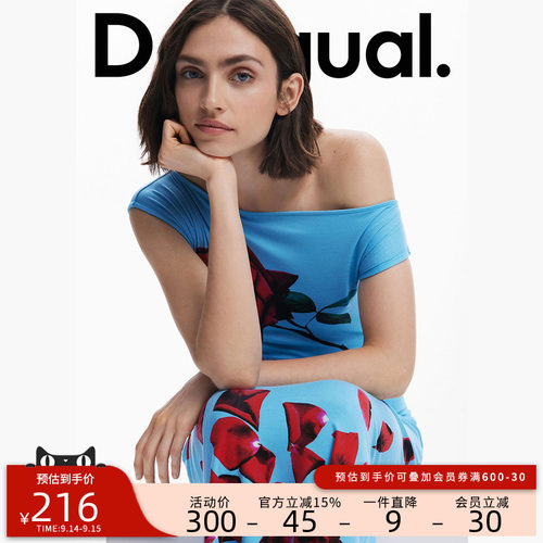 Desigual【Tyler设计师联名】玫瑰印花蓝色弹力修身连衣裙