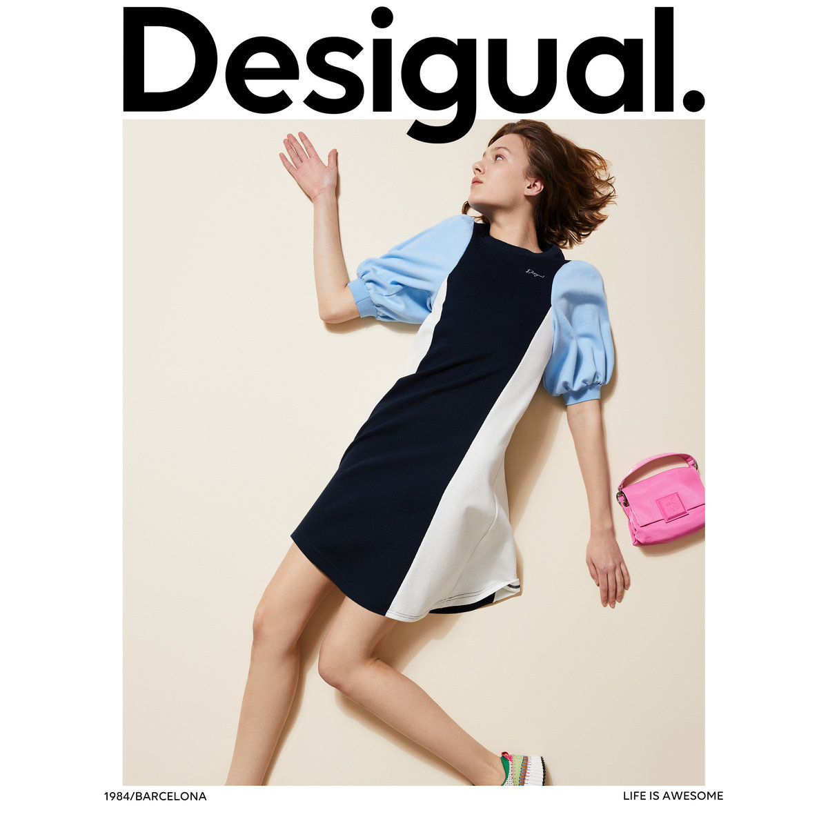 【西班牙时尚奢品】收腰针织撞色拼块圆领短袖连衣裙