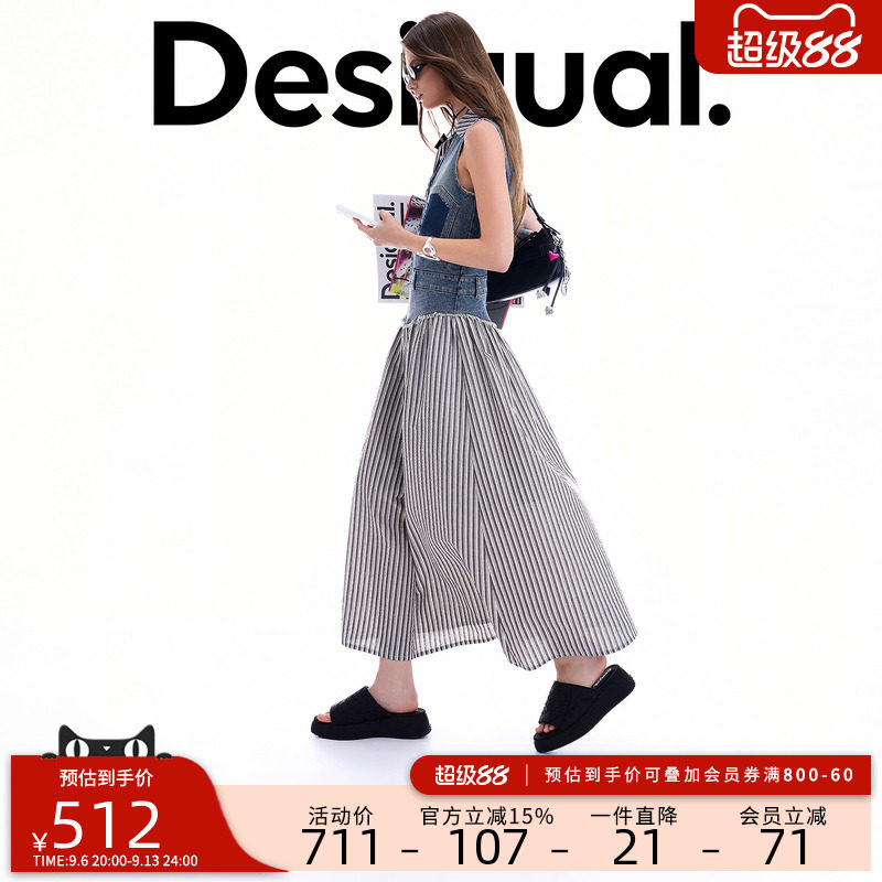 Desigual26秋冬新品修身水洗牛仔拼接条纹翻领无袖长款连衣裙图片