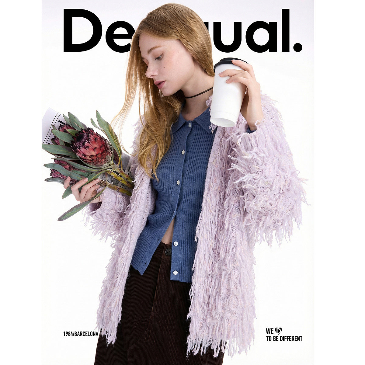 【保暖羊毛混纺】Desigual26春夏新品淡紫色流苏毛绒翻领女士外套
