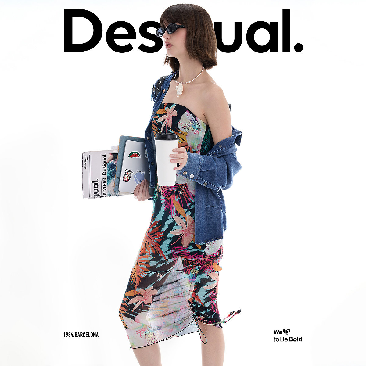 Desigual26春夏新品轻薄手绘热带花卉印花抽绳抹胸连衣裙