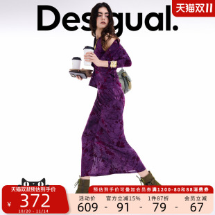 女式 无袖 连衣裙 复古植绒印花弹力修身 Desigual25秋冬新品