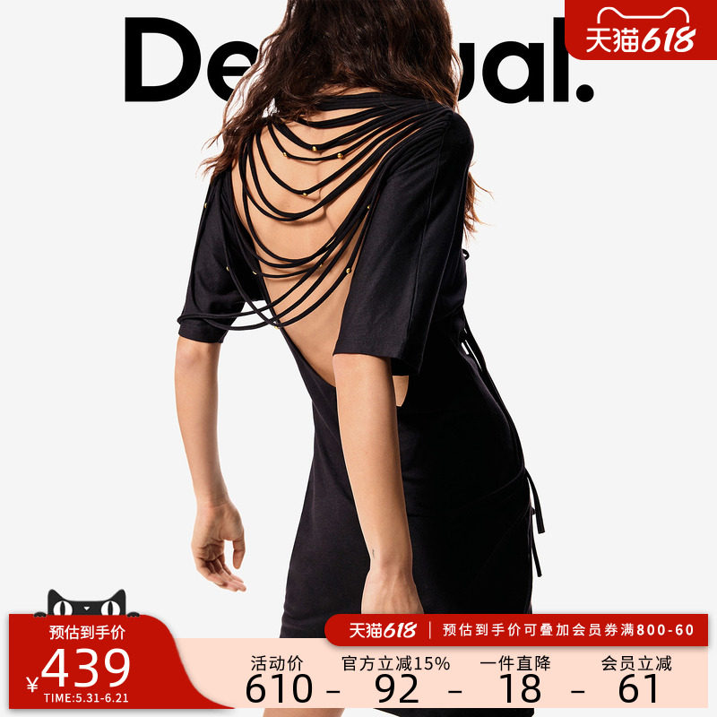 【Masha Popova联名】Desigual26春夏露背流苏装饰圆领女式连衣裙