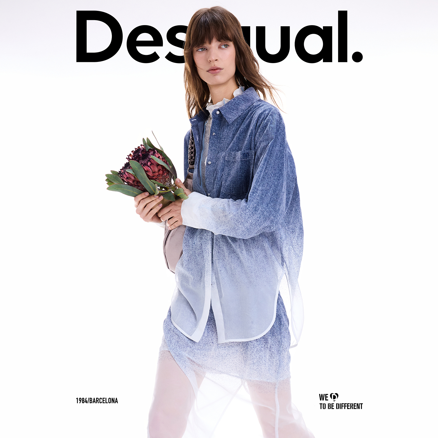Desigual25秋冬新品蓝色植绒仿牛仔渐变欧根纱女士衬衫