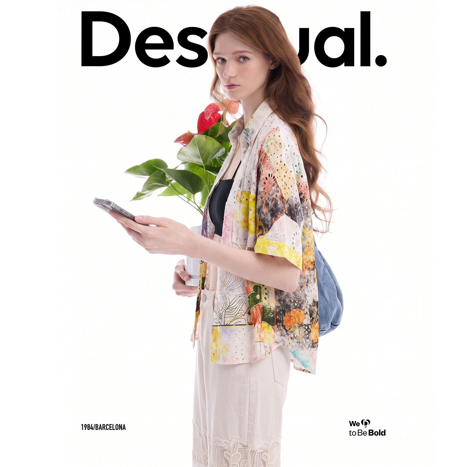 Desigual26秋冬新品镂空刺绣复古拼贴花卉版画翻领短袖女式衬衫