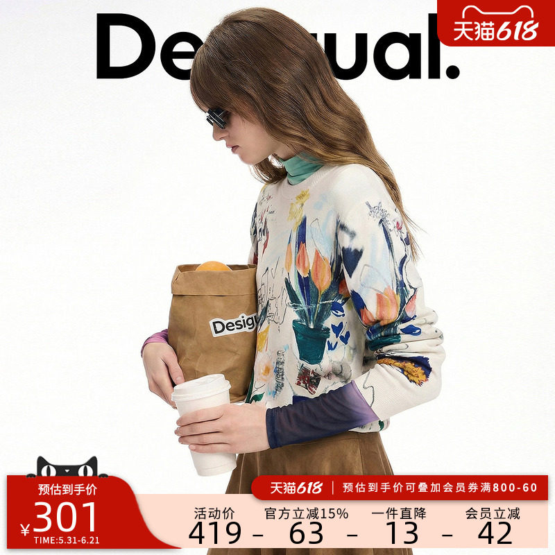 Desigual26春夏新品Lacroix联名插画花朵印花圆领长袖女式针织衫