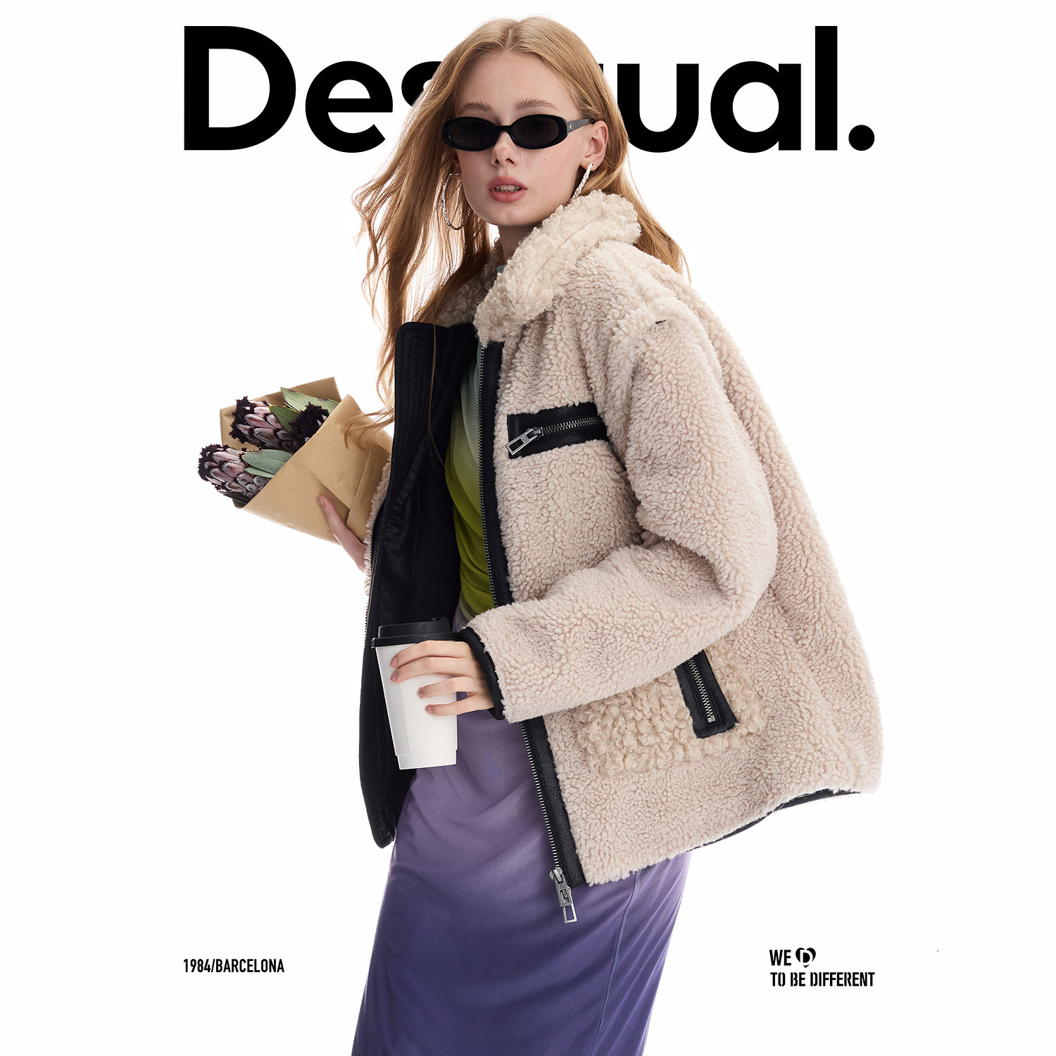 Desigual 廓形仿羊羔绒拼接袖子可脱卸两穿绗棉女外套