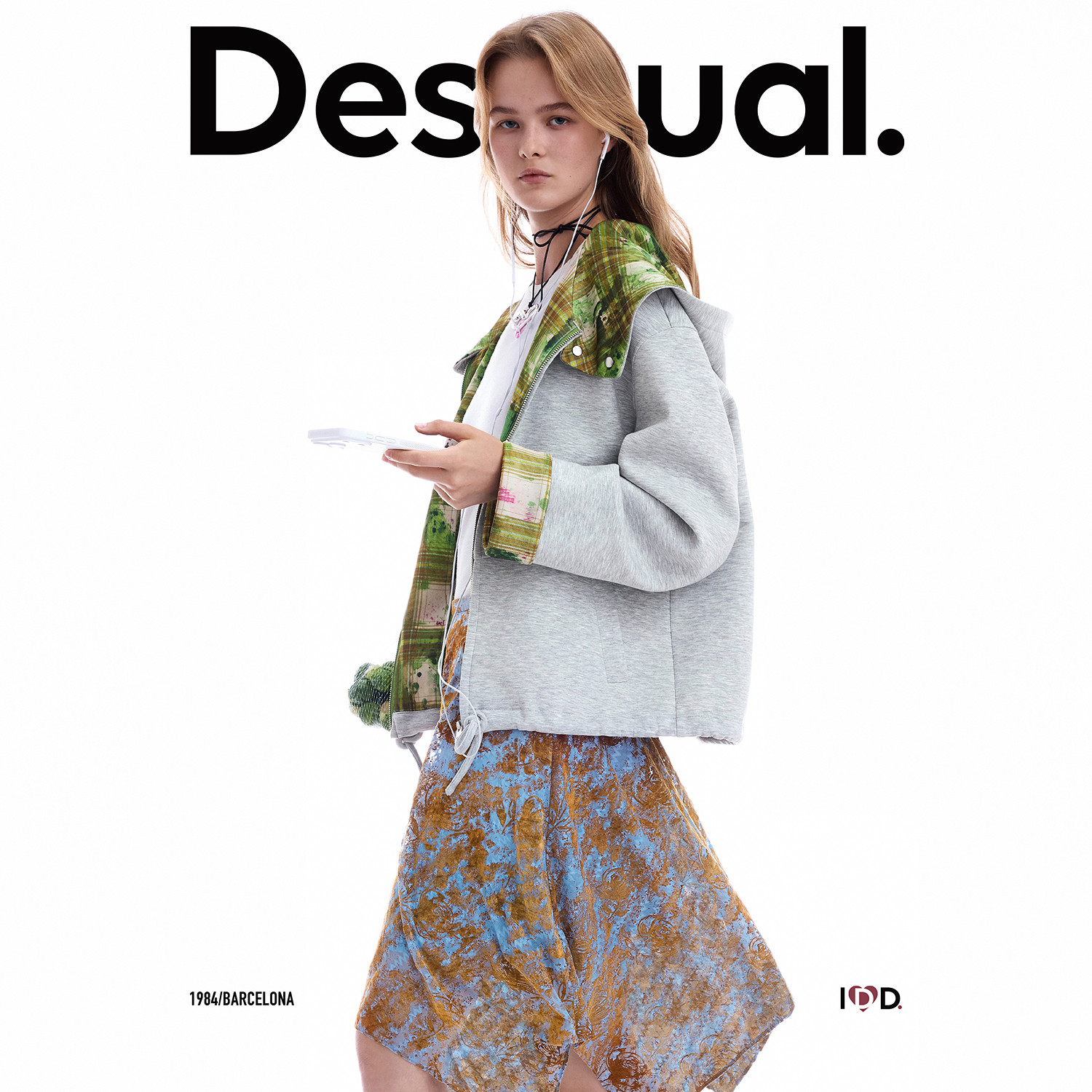Desigual26秋冬新品斑驳格纹印花内里抽绳连帽卫衣女式外套