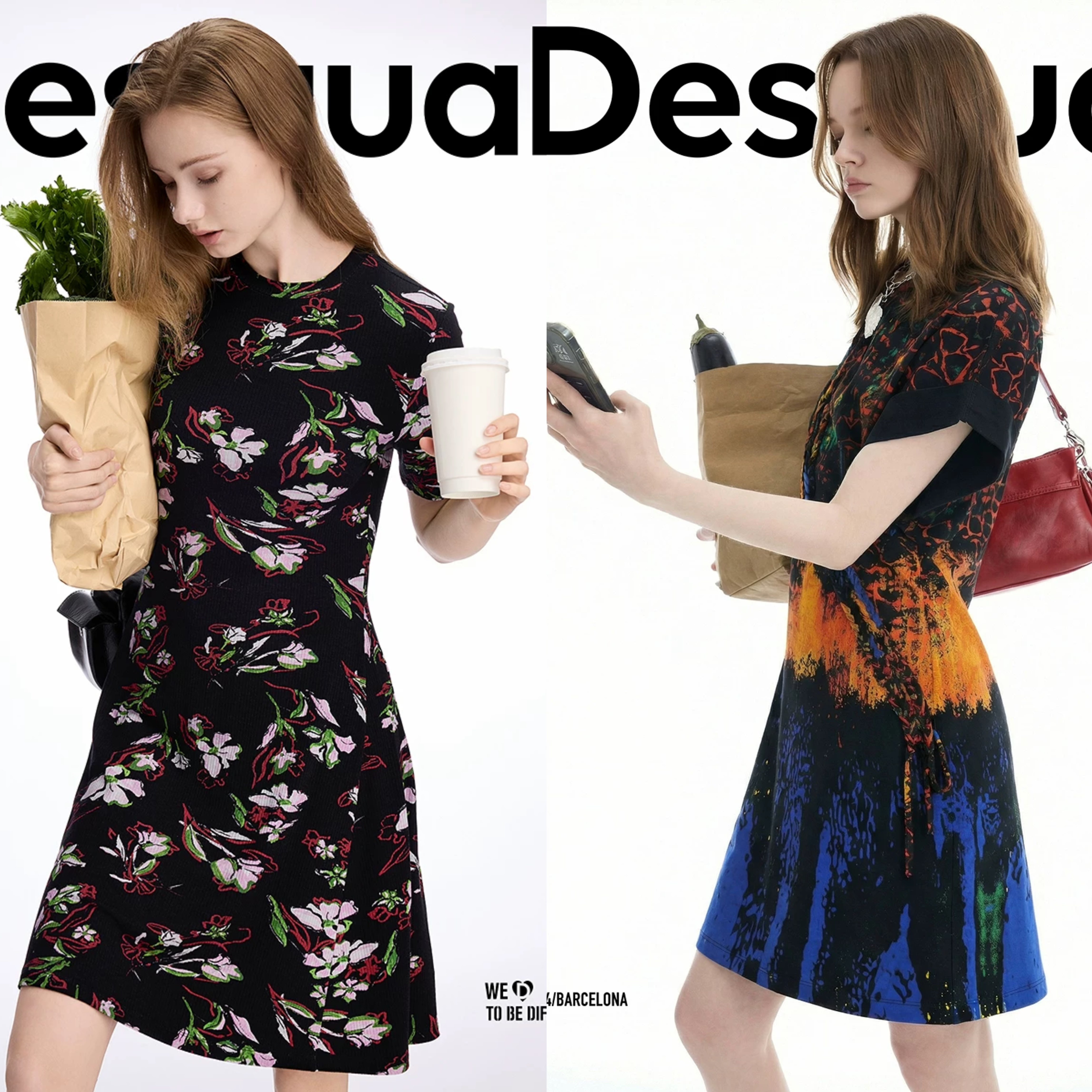 【超能小太阳】Desigual花朵印花弹力修身短袖伞摆连衣裙