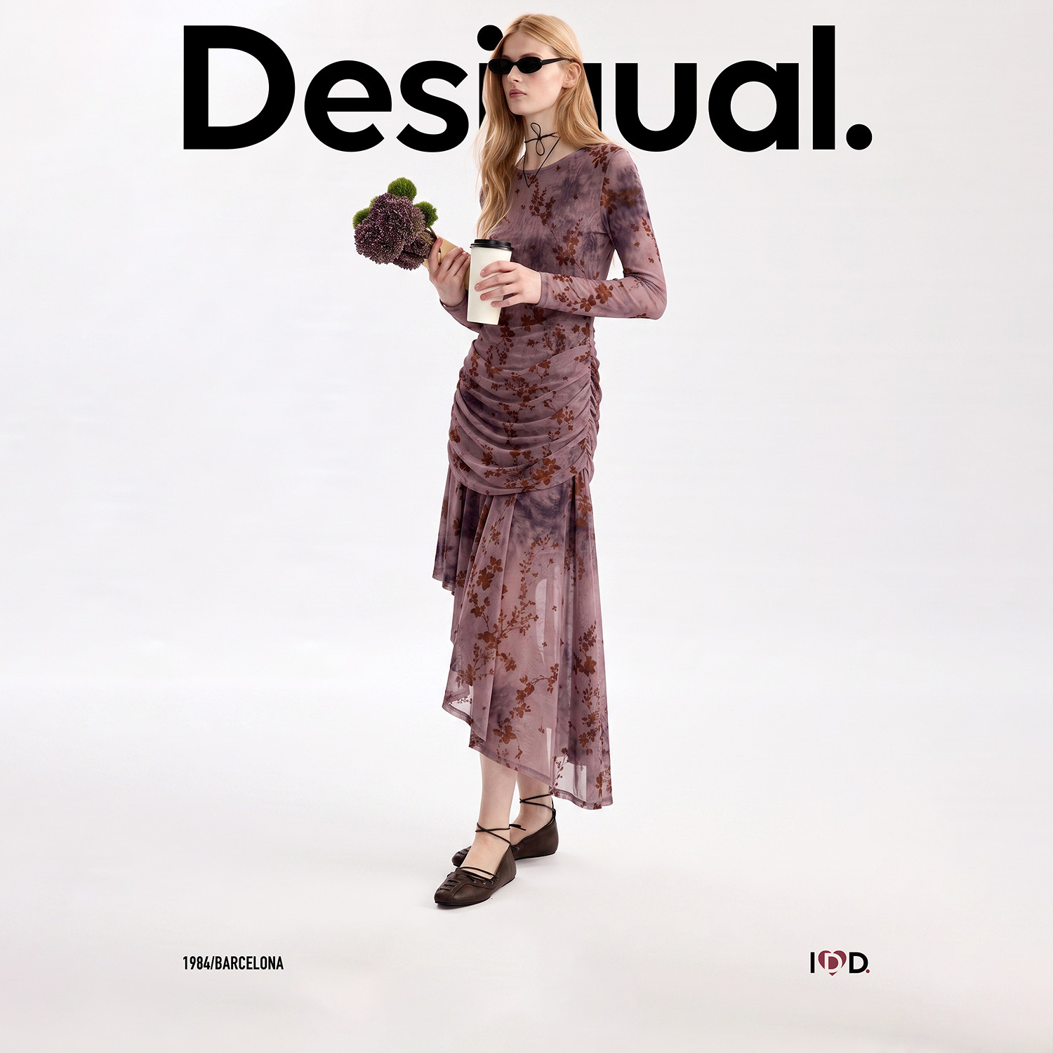 Desigual长袖连衣裙26秋冬新品植绒碎花裙收腰不规则圆领休闲长裙