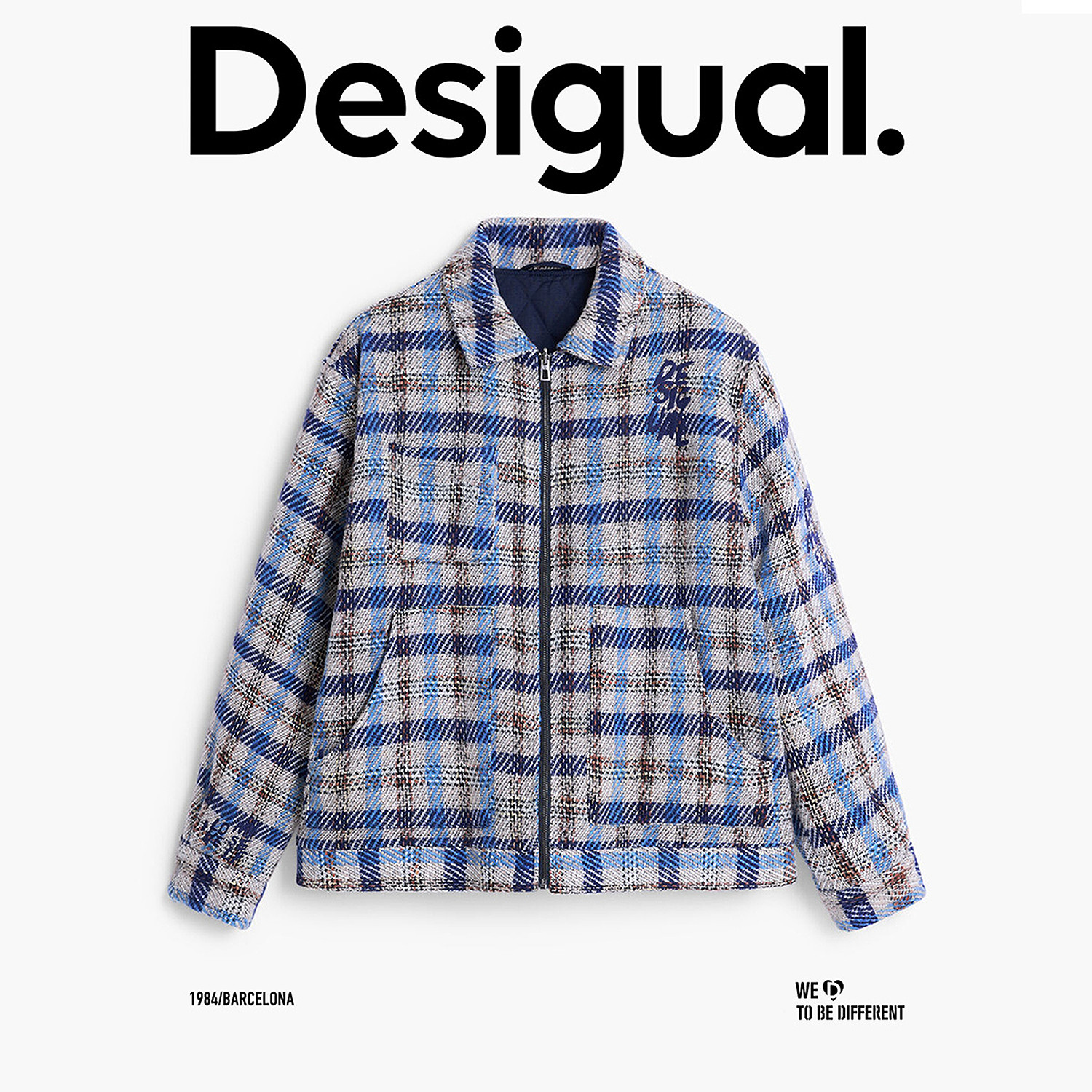 Desigual【明星同款】蓝棕色格纹长袖男式拉链夹克外套棉服