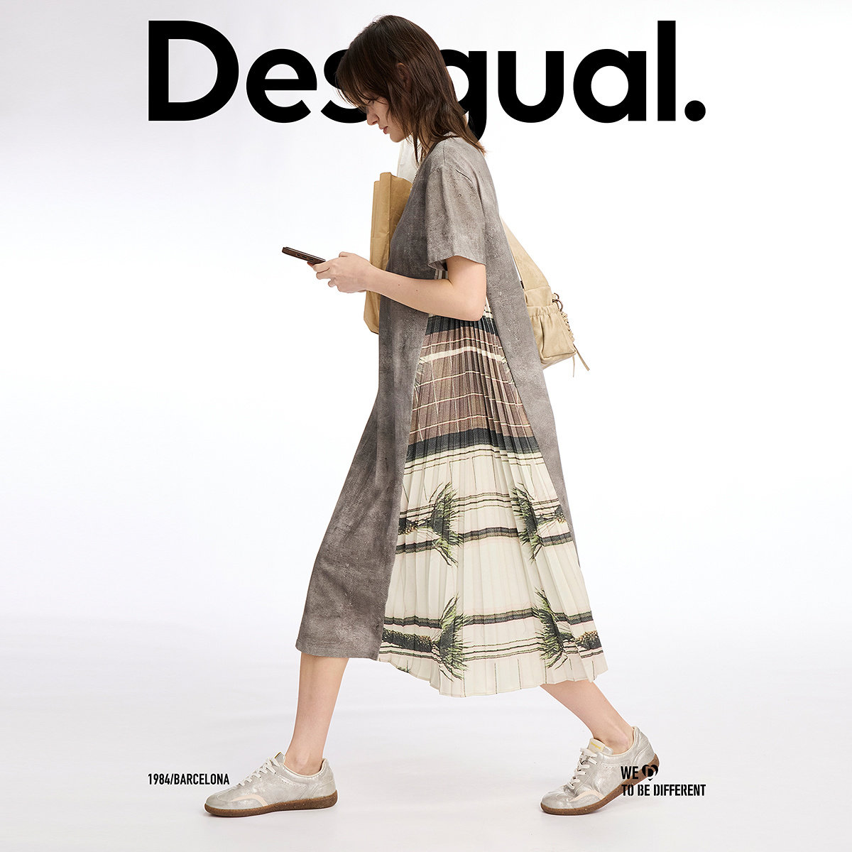 Desigual宽松不对称百褶拼接印花短袖T恤裙连衣裙