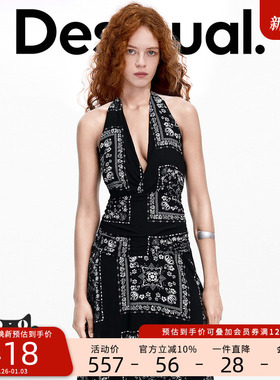 Desigual黑色丝巾印花v领后脖打结不对称下摆连衣裙