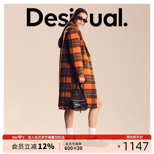 宽松女士大衣 Desigual廓形翻领热情橘色格纹毛呢美拉德长款