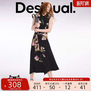 Desigual花卉印花黑色无袖 女士连衣裙 修身