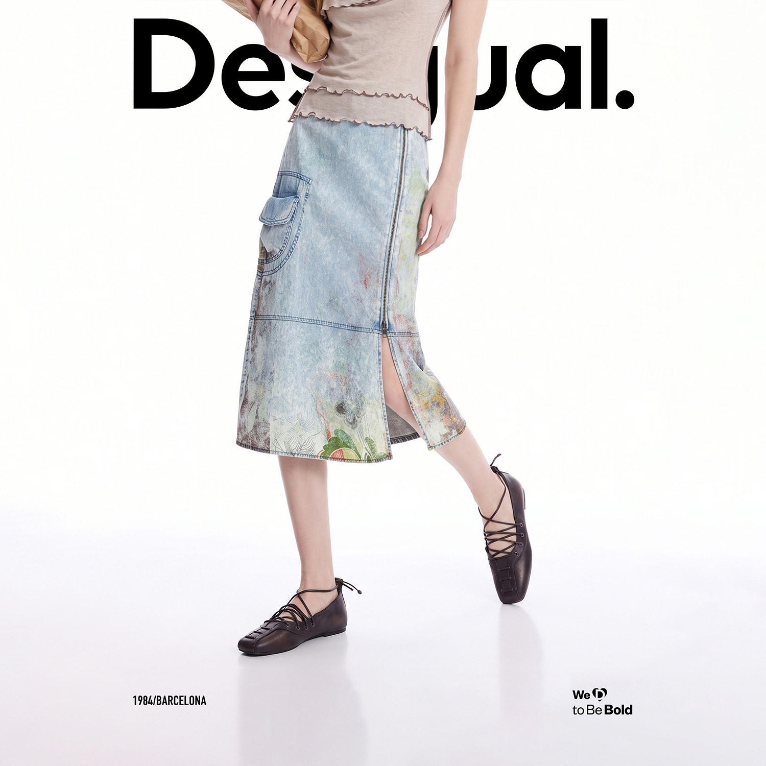 Desigual26秋冬新品牛仔水洗做旧花卉印花侧拉链工装中长半身裙