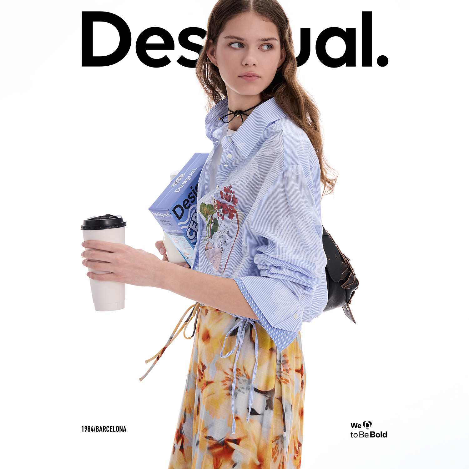 Desigual【博主同款】26春夏蓝色条纹花卉提花手绘印花女式衬衫