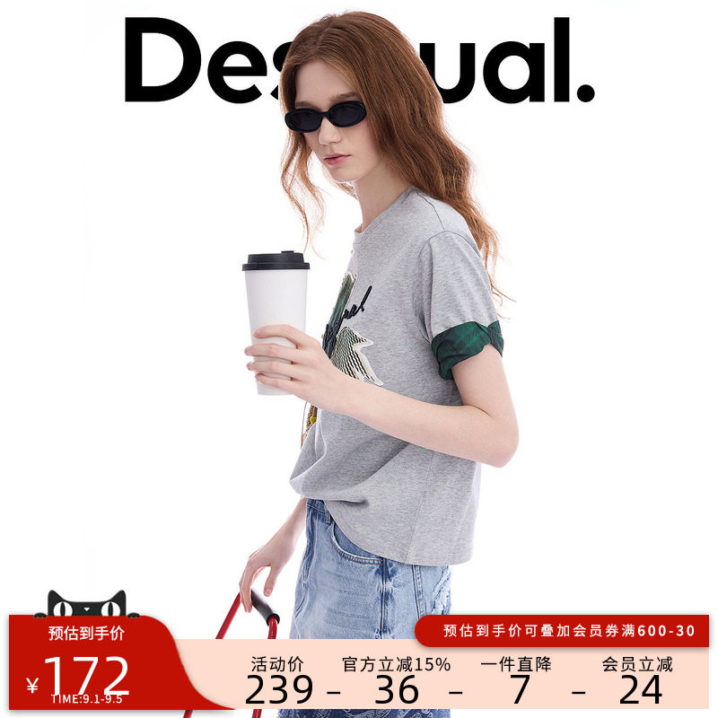 Desigual【博主同款】宽松格纹印花贴布圆领短袖女式T恤图片