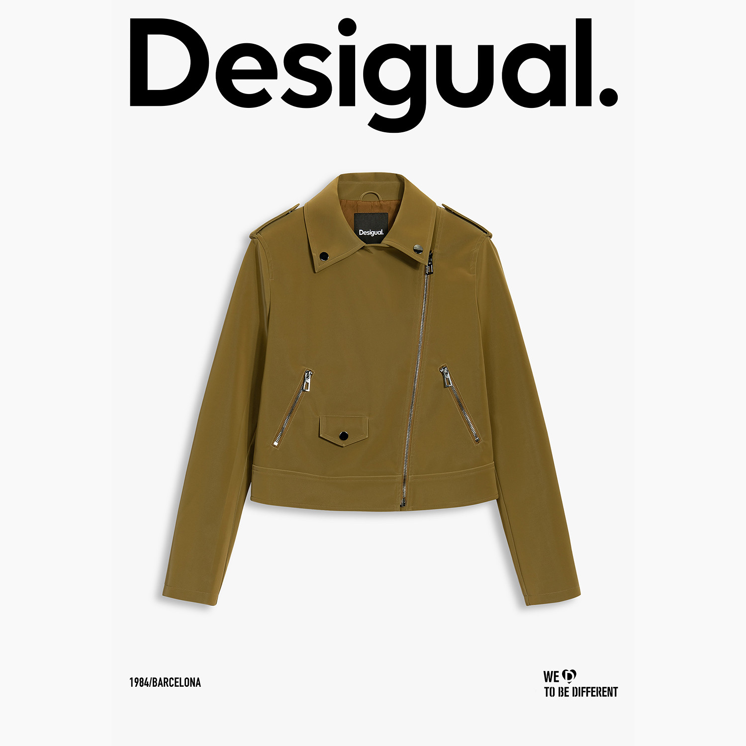 Desigual机车翻领橄榄绿色拉链装饰皮衣女士外套