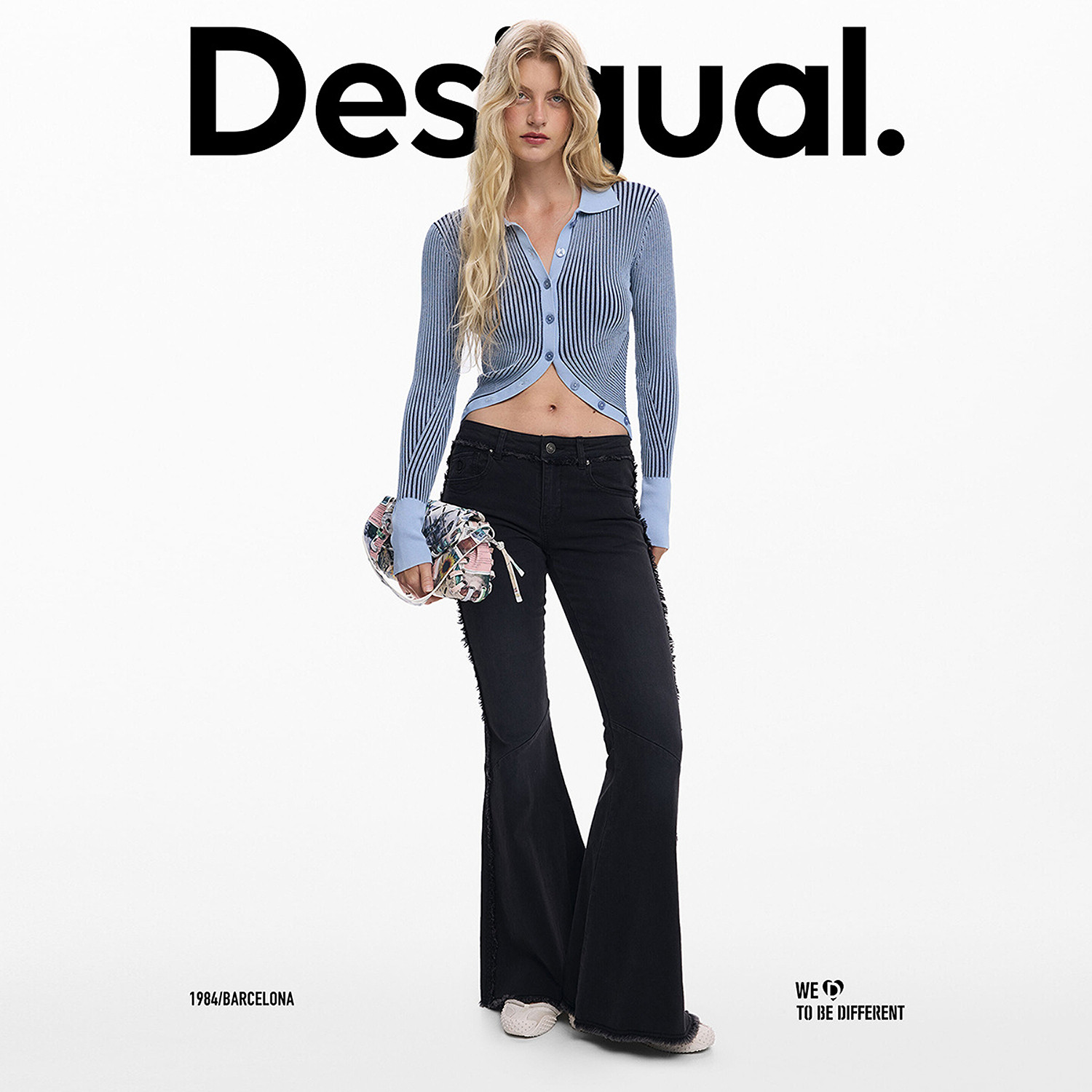 Desigual女式黑色牛仔接缝毛边设计喇叭裤牛仔裤