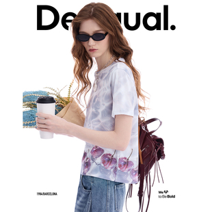 Desigual26春夏新品宽松波纹樱桃印花圆领短袖女式T恤