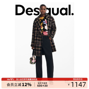 女士大衣 Desigual廓形宽松彩色格纹毛呢翻领中长款