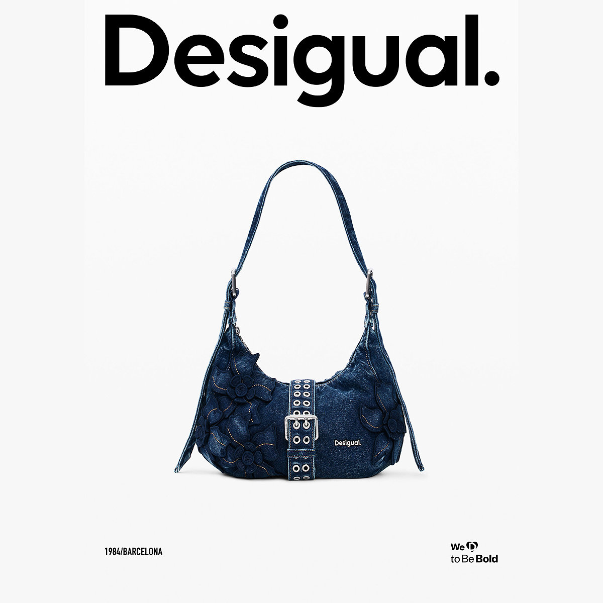 Desigual26春夏新品牛仔立体花卉刺绣金属扣装饰腋下单肩包