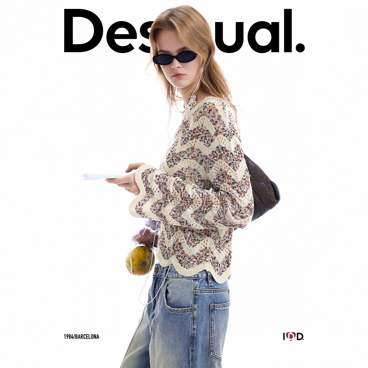 【呼呼专享】Desigual杂色花纱波纹镂空花边长袖短款女式针织衫