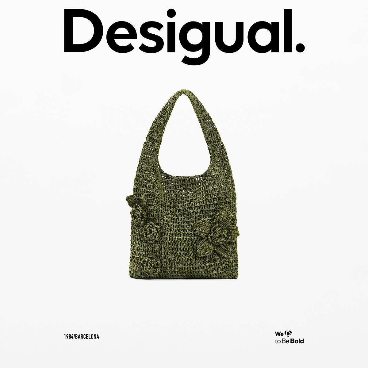 Desigual26春夏新品绿色手工钩针花朵装饰单肩手提包