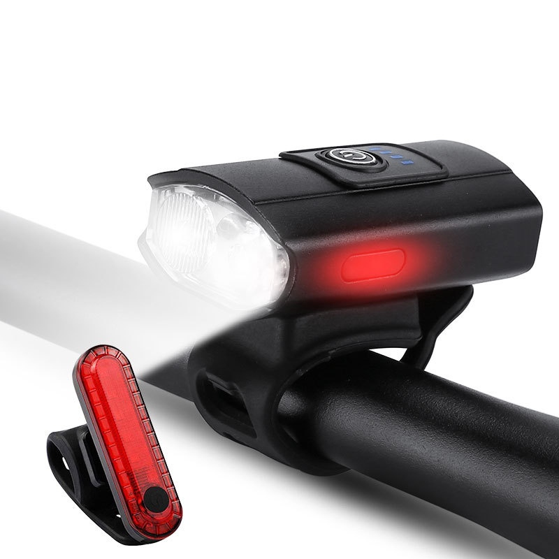 新款双T6强光防水自行车灯 USB充电内置电池带电量显示红光警示灯