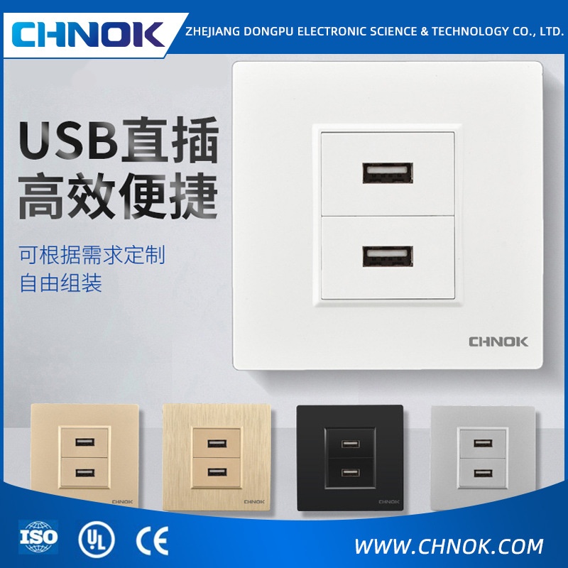 86型二位暗装墙壁插座双口USB2母对母直插带20cm长线数据传输面板