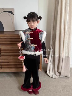 女童秋冬唐装拜年服兔毛夹棉马甲加厚裤子中国风新年套装过年汉服