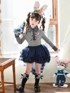 秋冬新款 儿童洋气公主裙女童生日礼服裙 兔子警官毛衣拖尾纱裙套装