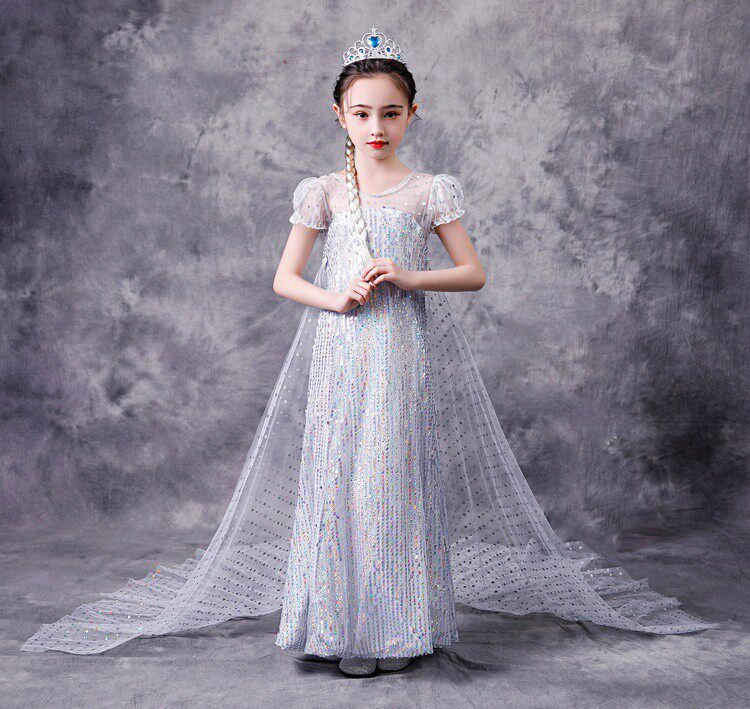 爱莎公主裙女新款冰雪奇缘爱沙礼服蓬蓬纱裙女童洋气超仙拖地长裙