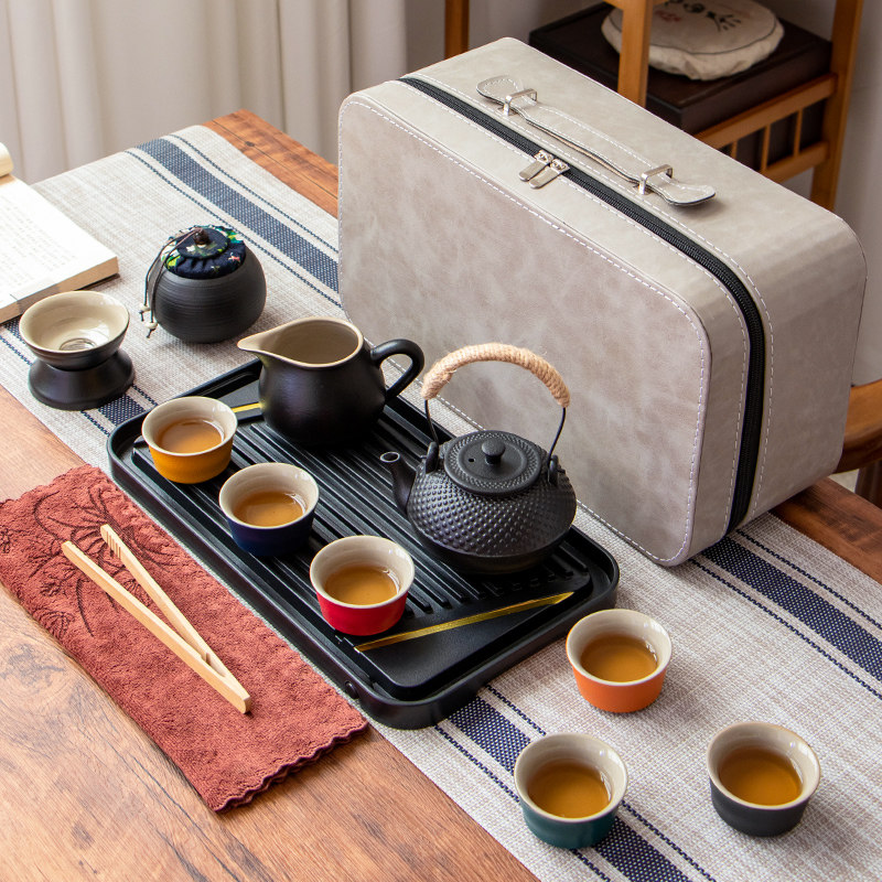 户外日式旅行功夫茶具小套装茶盘家用简约泡茶壶陶瓷茶杯露营可携