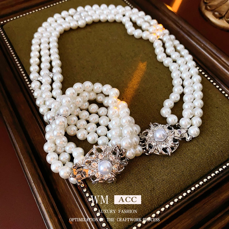 镶钻花朵多层珍珠手链项链法式复古轻奢气质锁骨链高级感时尚套装