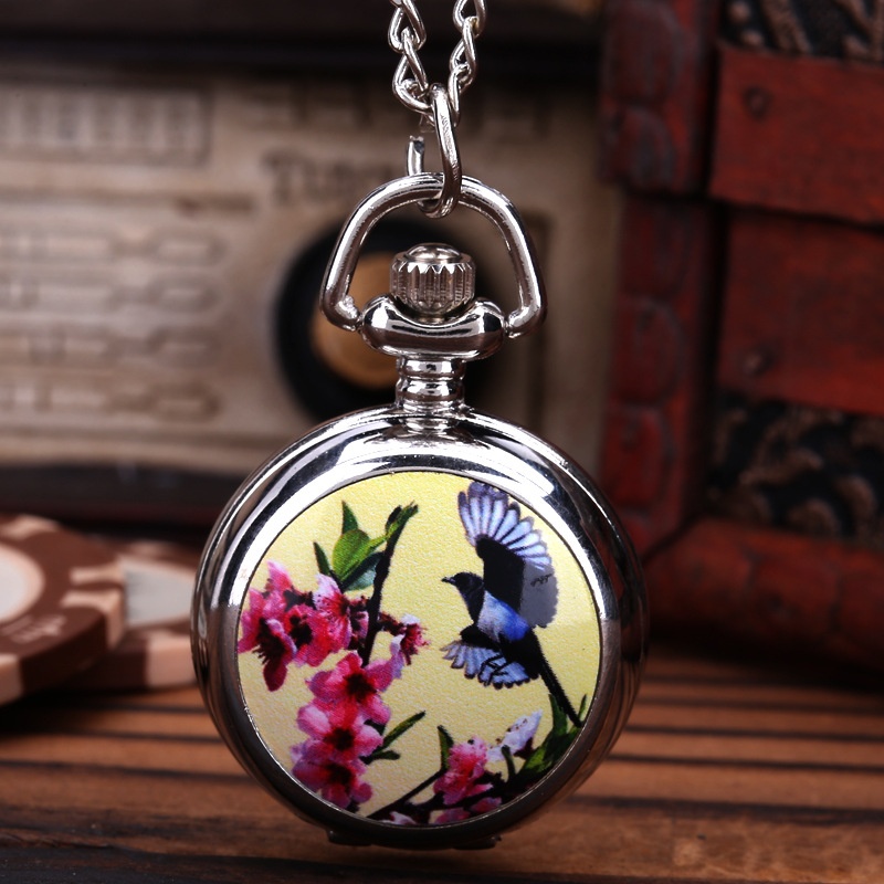 怀旧怀表复古翻盖吊坠  桃花与鸟图案贴片怀表石英电子长项链怀表