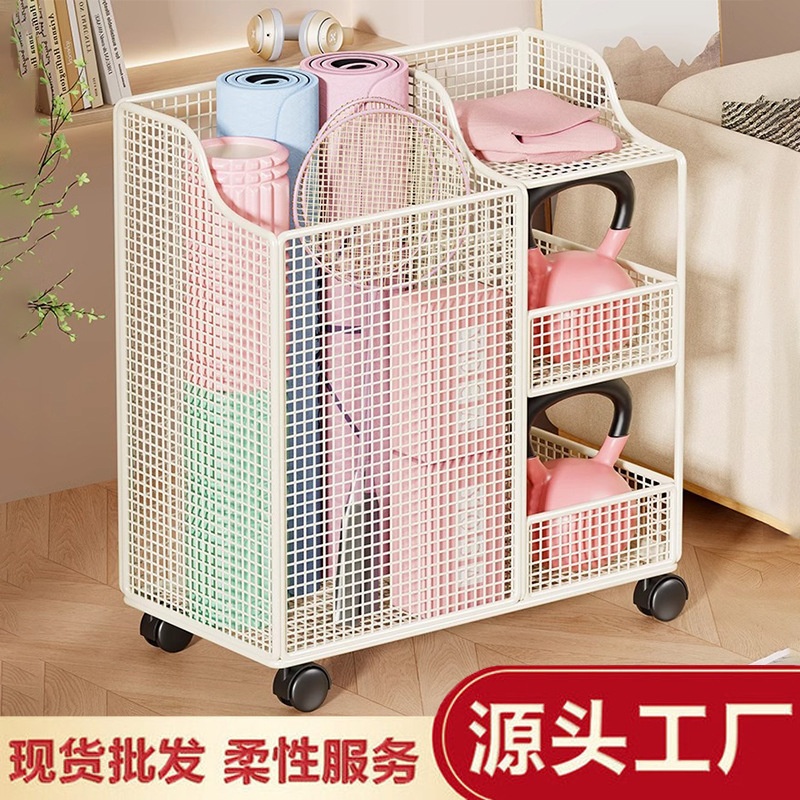 运动工具整理置物架瑜伽垫收纳筐家用带轮子可移动健身器材收纳箱