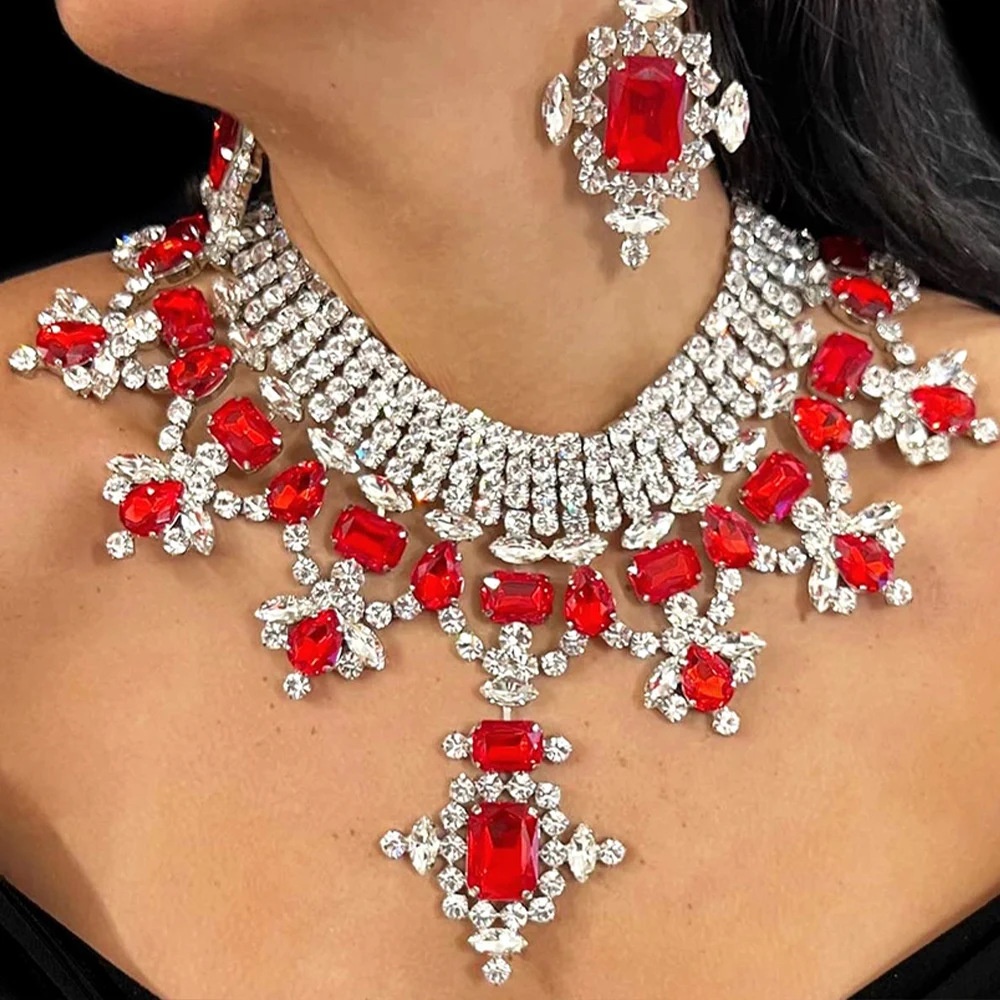 跨境爆款夸张首饰套装 高级感时尚红钻项链耳环套装女Jewelry set